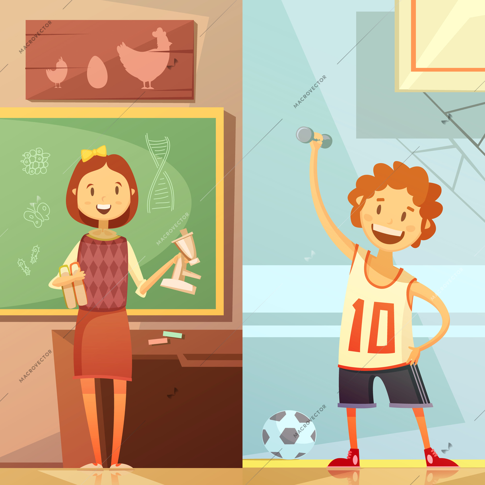 Middle school vertical retro cartoon banners with biology lesson and physical education gym training isolated vector illustration