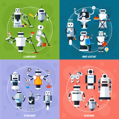 Smart robots concept with cyborgs involving in various sphere of life in flat style vector illustration