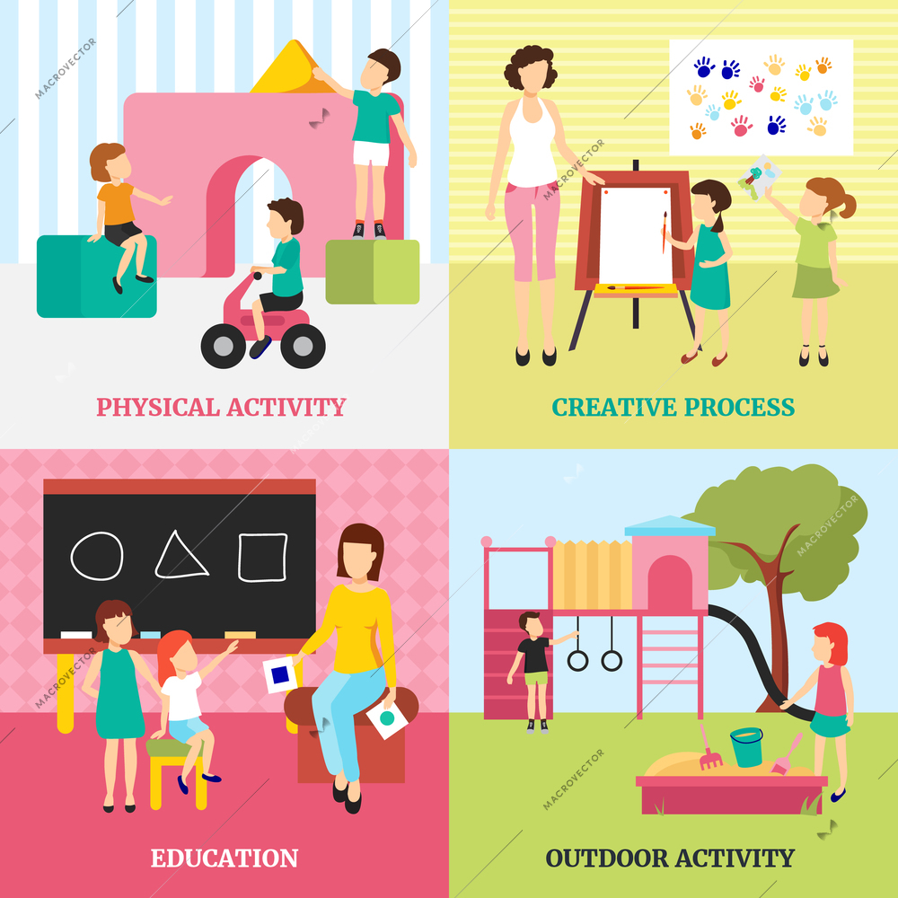 Kindergarten concept icons set with outdoor activities and education symbols flat isolated vector illustration