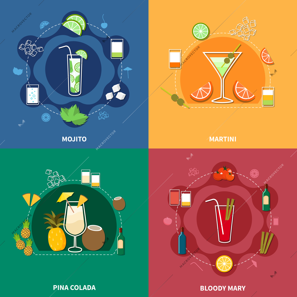 Cocktail icon set with different drinks and their ingredients isolated vector illustration