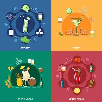 Cocktail icon set with different drinks and their ingredients isolated vector illustration