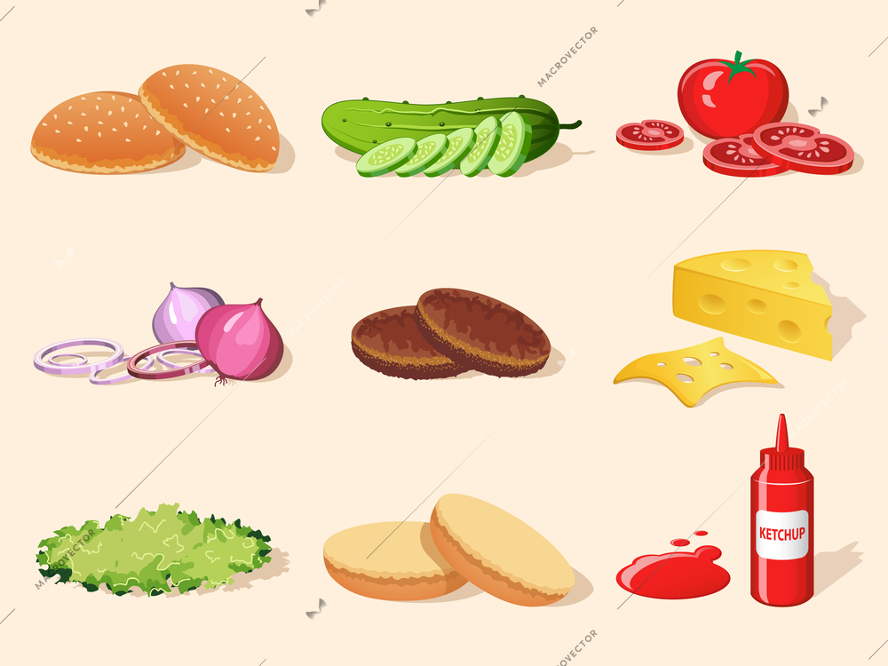 Hamburger food ingredients elements set of bread ketchup salad tomato isolated vector illustration