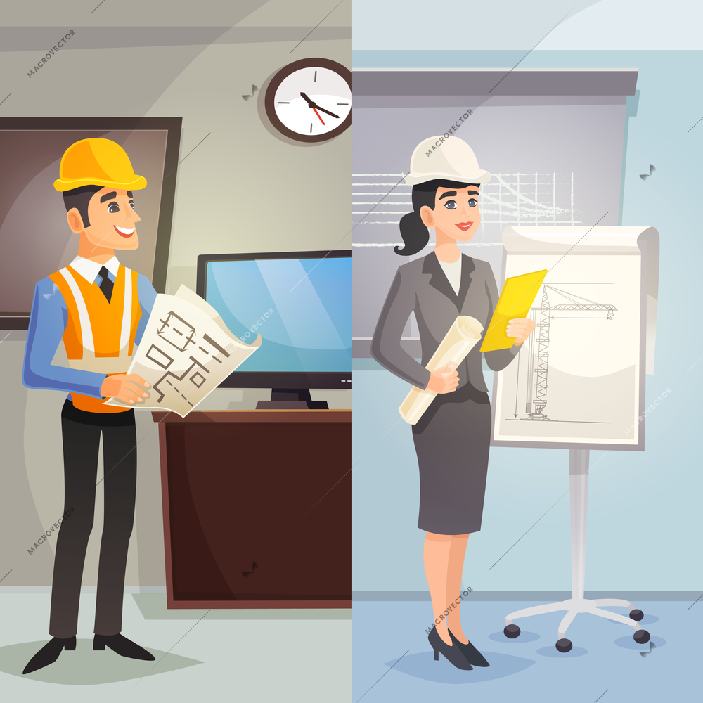 Engineer cartoon vertical banners with male and female workers at office in flat style vector illustration