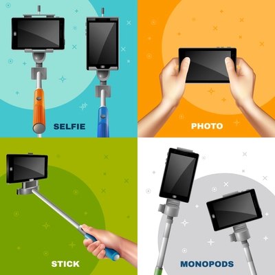 Taking pictures on phone with monopod selfie stick design concept isolated realistic vector illustration