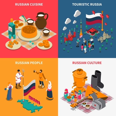 Russian culture isometric touristic 2x2 icons set with national symbols costumes and cuisine isolated on colorful background vector illustration