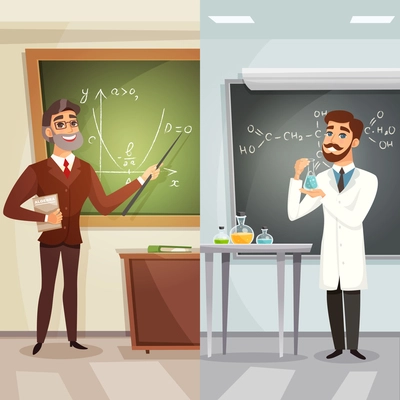 School lessons cartoon vertical banners with teachers of mathematics and chemistry in flat style vector illustration