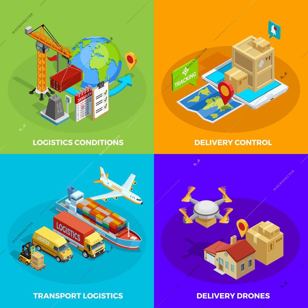Logistic isometric concept with different stages and means of delivery and transportation processes isolated vector illustration