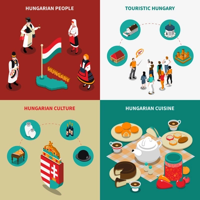 Colorful hungary isometric touristic 2x2 icons set with hungarian culture cuisine and people in national costumes isolated vector illustration