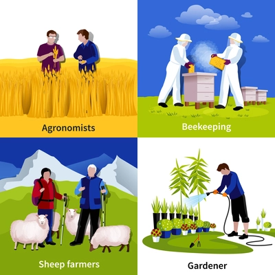 Gardener beekeepers sheep herders and crop crowing farmers at work 4 flat icons square composition isolated vector illustration