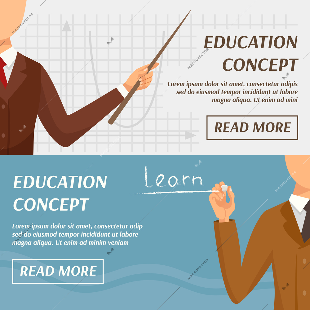Education concept horizontal banners with teacher pointer and text in flat style vector illustration