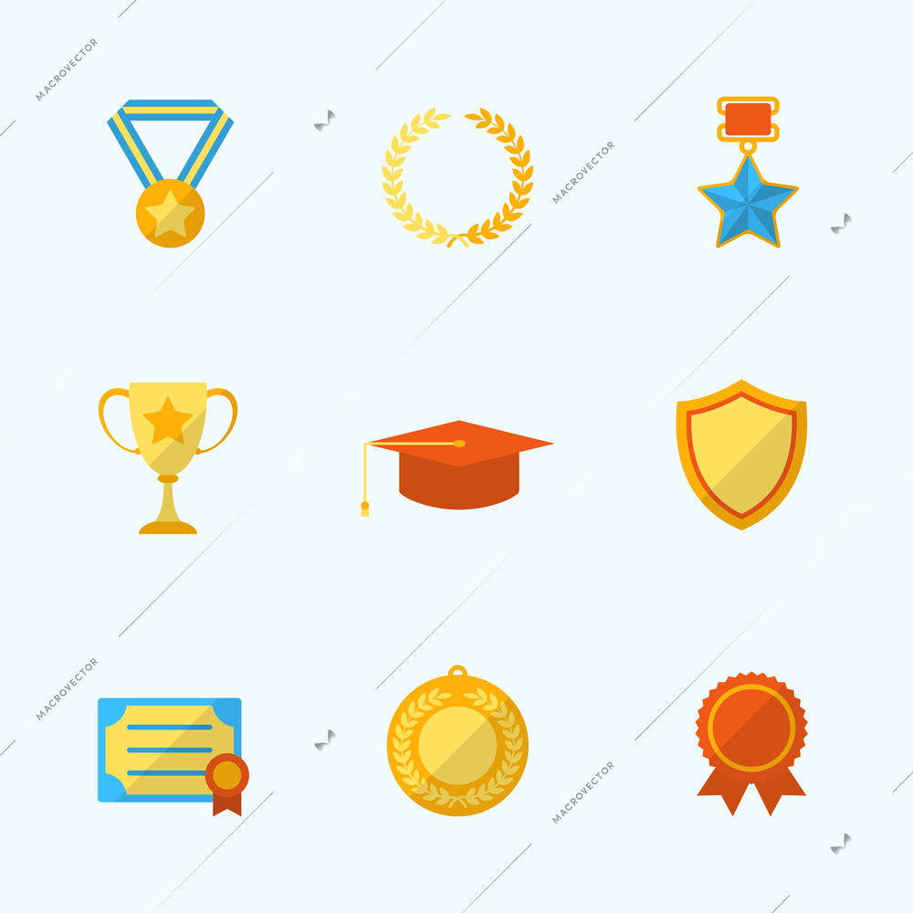 Award icons flat set of winner first place laurel wreath isolated vector illustration