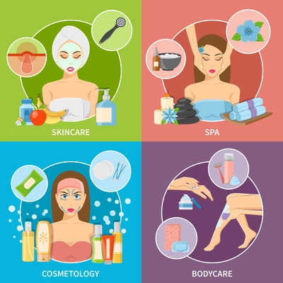 Skin and body cosmetology 2x2 design concept set with spa skincare and bodycare flat symbols vector illustration