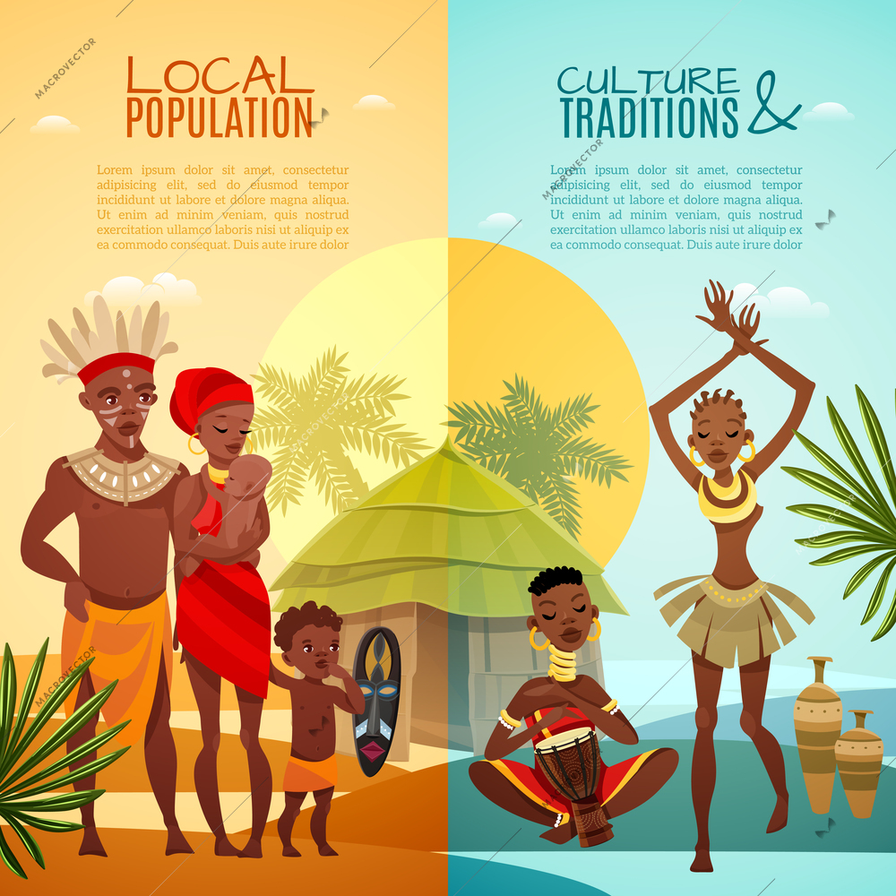 African tribal traditions customs rituals and family life 2 flat vertical banners set isolated vector illustration