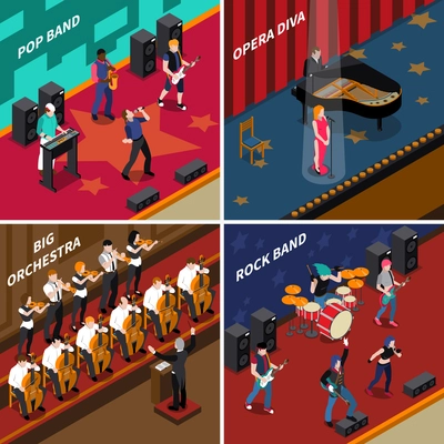 Musicans people performing at stage isometric 2x2 icons set isolated vector illustration