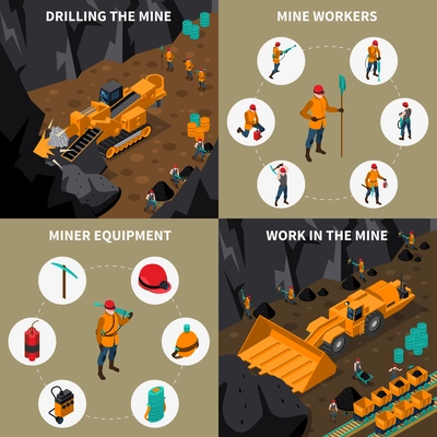 Miner equipment machinery and people workinf in mine 2x2 isometric icons set isolated vector illustration