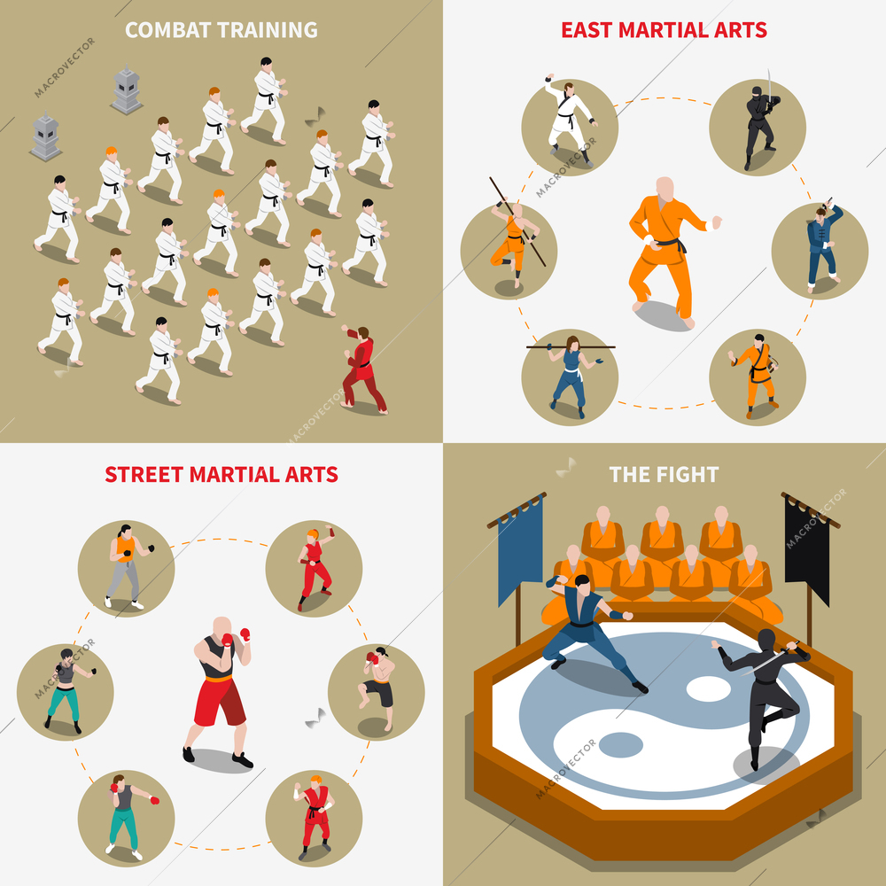People doing various types of martial arts isometric 2x2 icons set isolated vector illustration