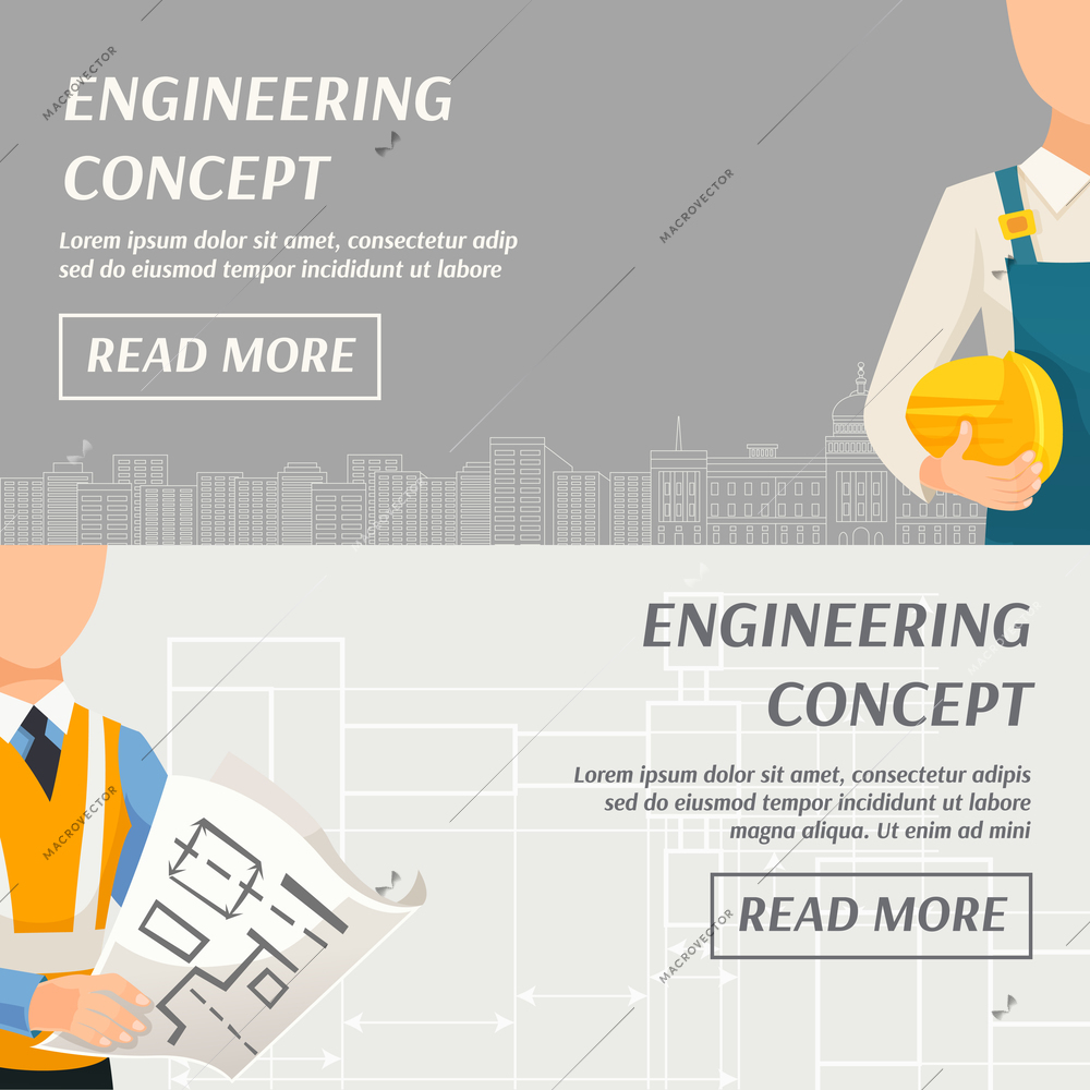 Engineering concept horizontal banners with foreman architect and place for your text vector illustration