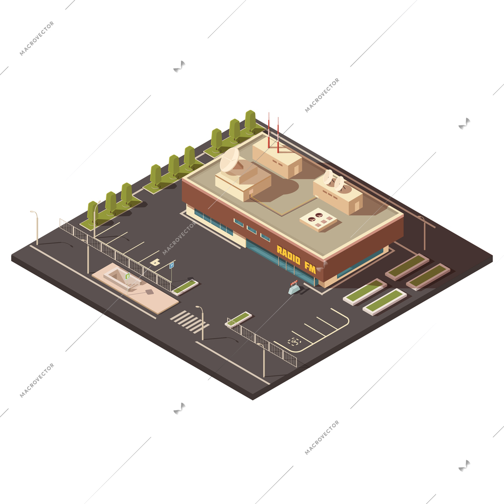 Radio center building concept with parking and equipment isometric vector illustration