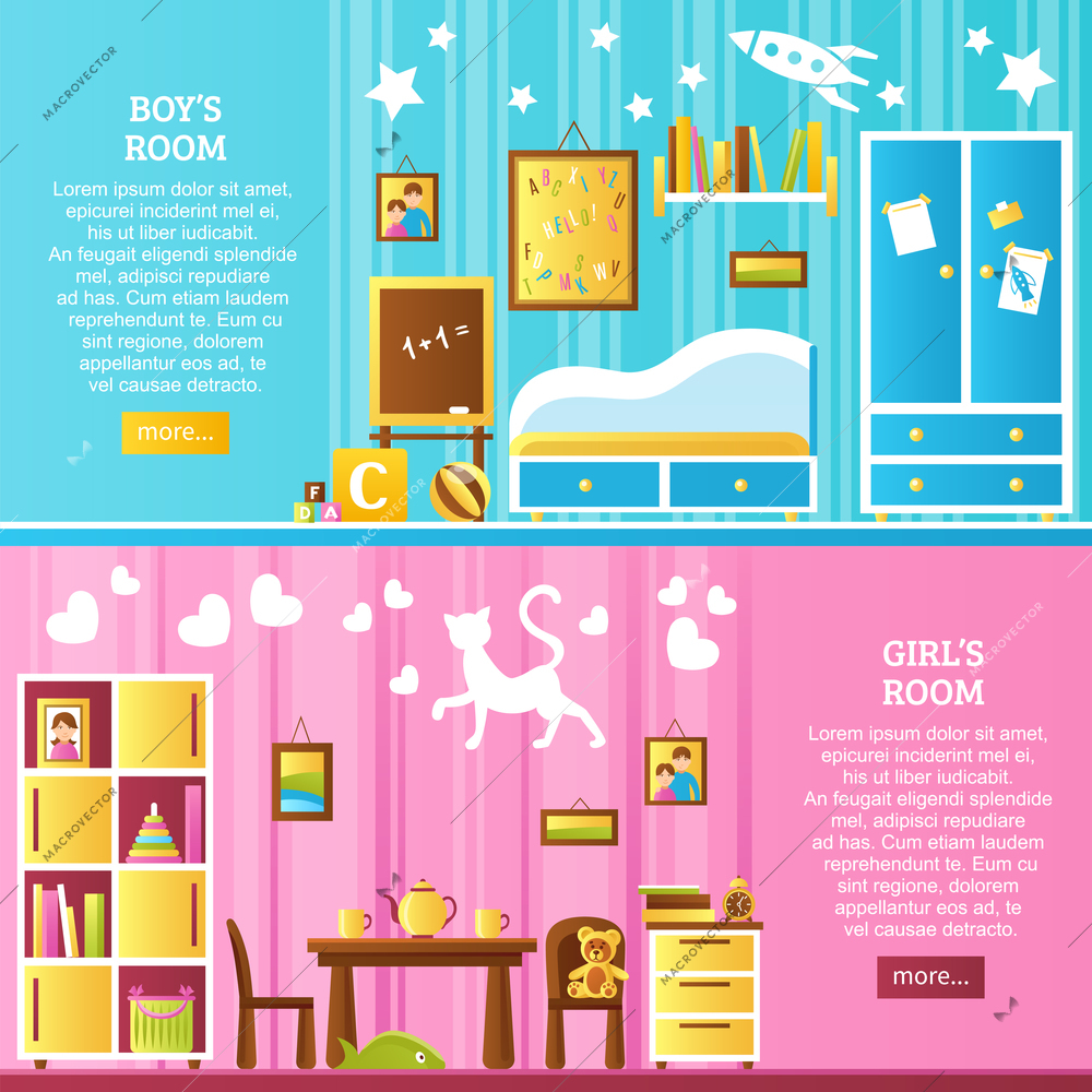 Baby room two horizontal banners set with interiors for boys and girls flat vector illustration