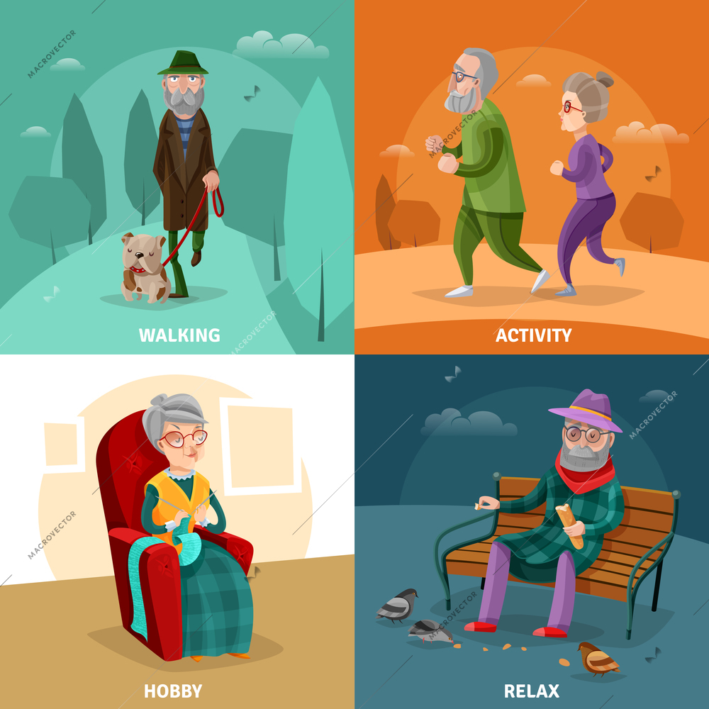 Old people cartoon concept with different activities and recreation at mature age vector illustration