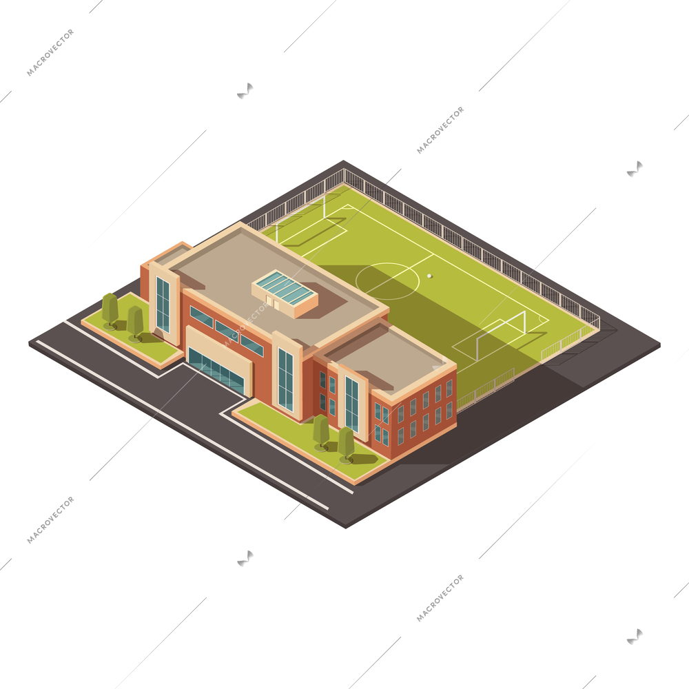 Government education or sports institution building concept with football field isometric vector illustration
