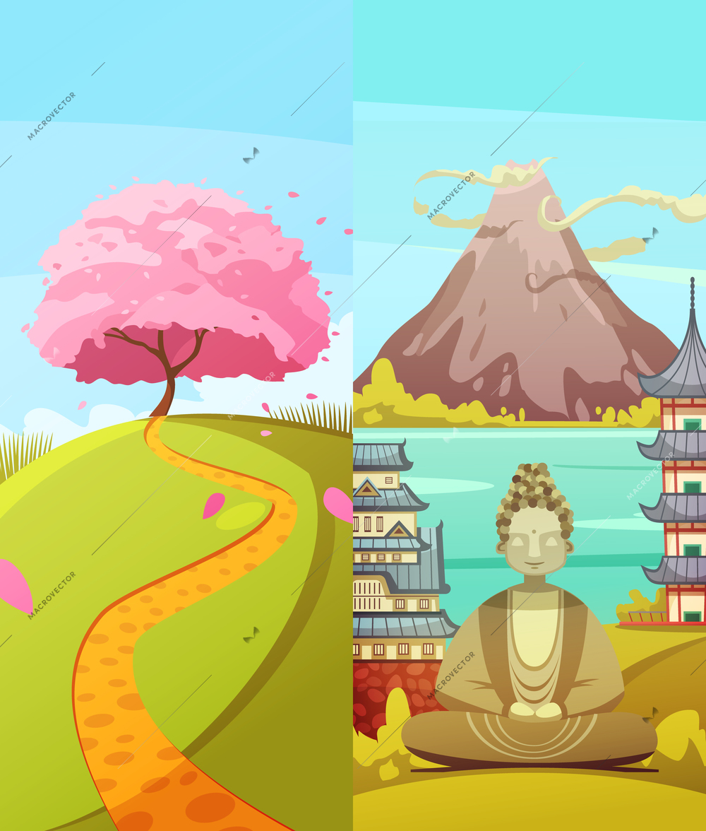 Japanese culture 2 vertical retro cartoon banners set with cherry blossom fuji mountain and buddha isolated vector illustration