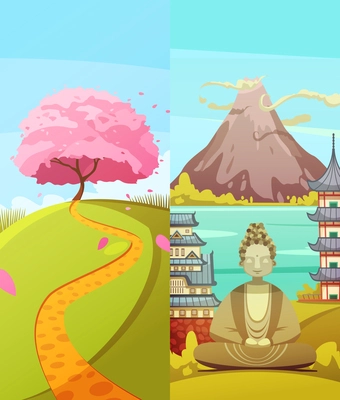 Japanese culture 2 vertical retro cartoon banners set with cherry blossom fuji mountain and buddha isolated vector illustration