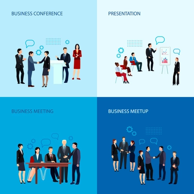 Meeting and conference concept with business people group in flat style vector illustration