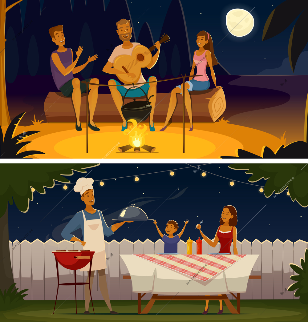 Summer night barbecue party 2 retro cartoon banners with grill festive illumination lights and moon isolates vector illustration