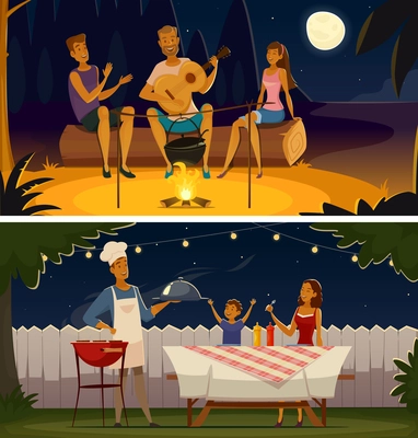 Summer night barbecue party 2 retro cartoon banners with grill festive illumination lights and moon isolates vector illustration