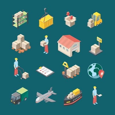 Logistics icons set with cargo delivery symbols on blue background isometric isolated vector illustration