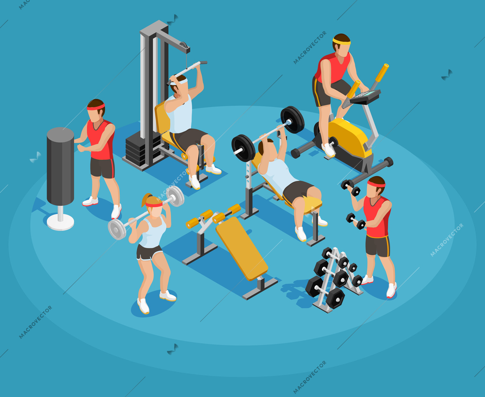 Gym isometric template with people and sports equipments in colorful style on blue background vector illustration