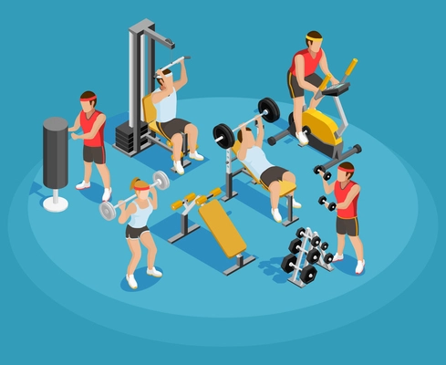 Gym isometric template with people and sports equipments in colorful style on blue background vector illustration