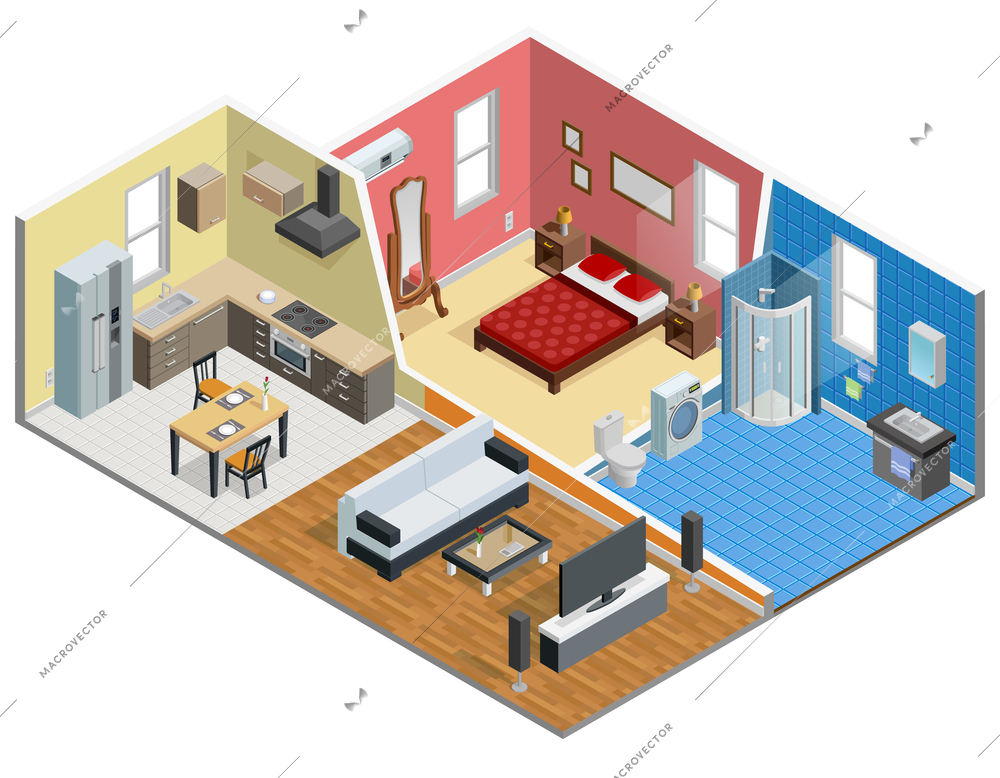 Apartment isometric design with bedroom bathroom kitchen and living room vector illustration