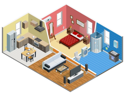 Apartment isometric design with bedroom bathroom kitchen and living room vector illustration