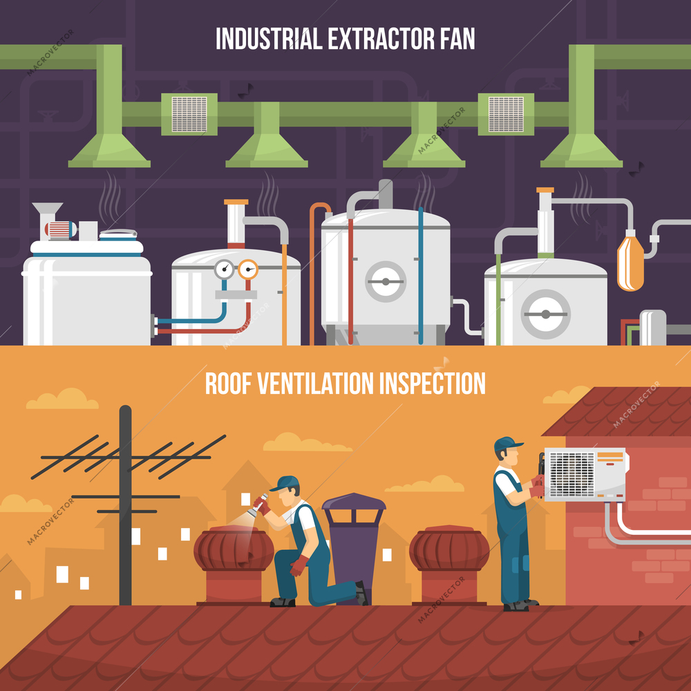 Conditioning and heating horizontal banners presenting ventilation inspection working on roof and industrial extractor fan flat isolated vector illustration