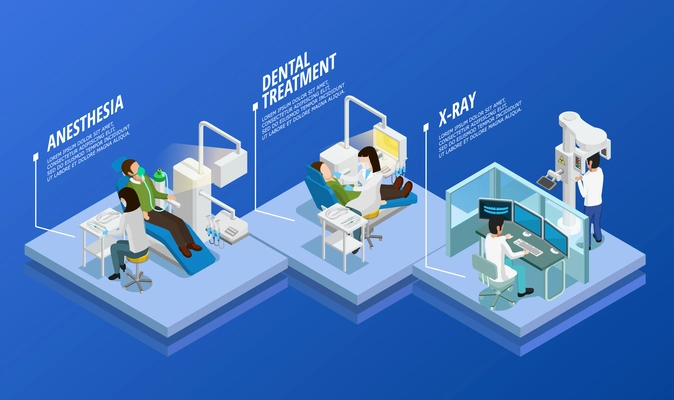 Dentistry isometric template with different stages of medical care in stomatology on blue background isolated vector illustration