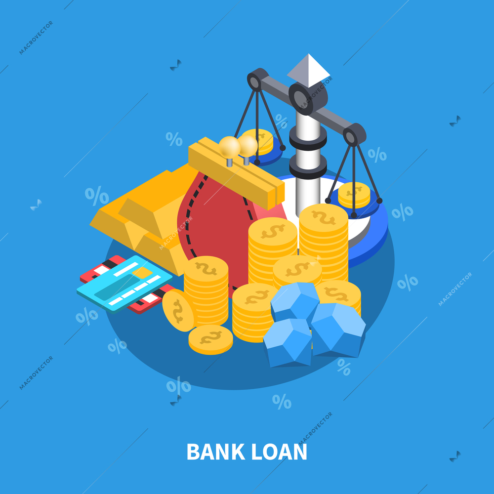 Bank loan financial isometric icons round composition with coins scales gold money credit card diamonds symbols vector illustration