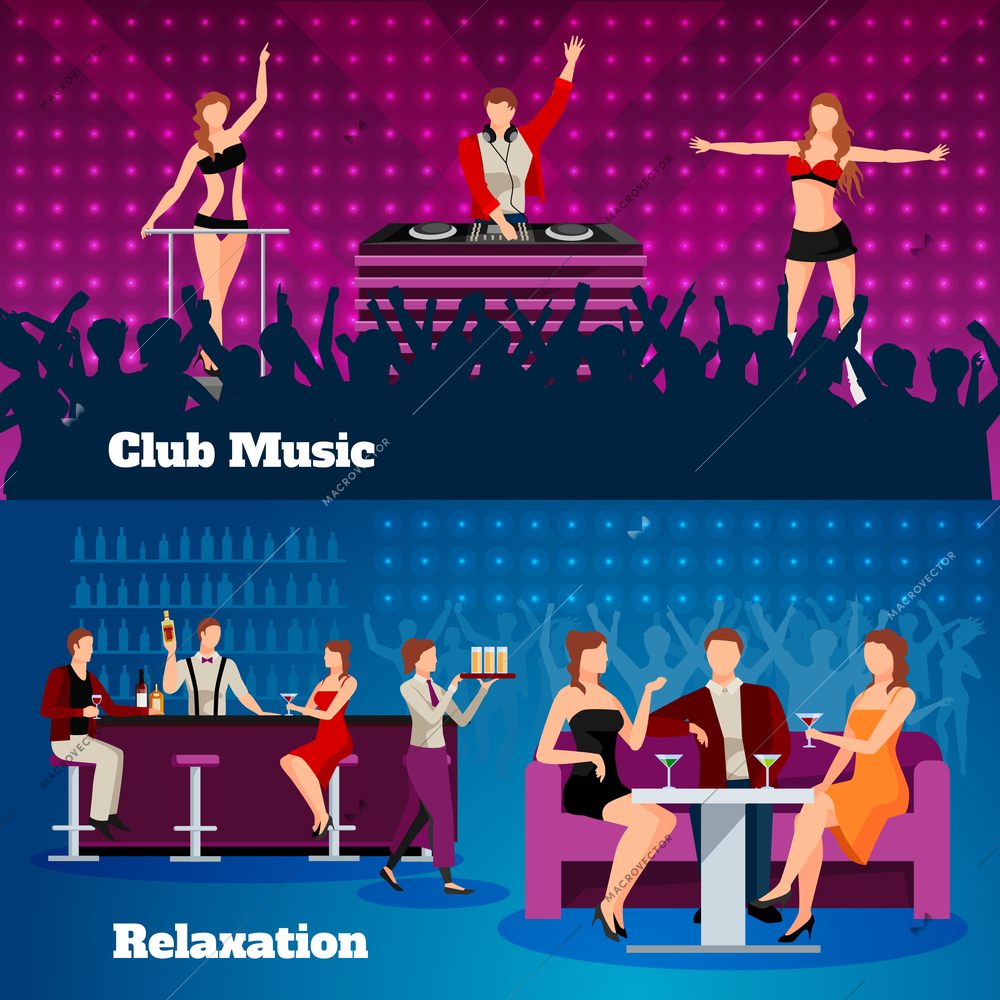 Night club dancing show with cocktail bar  bar and dj 2 flat festive banners isolated vector illustration