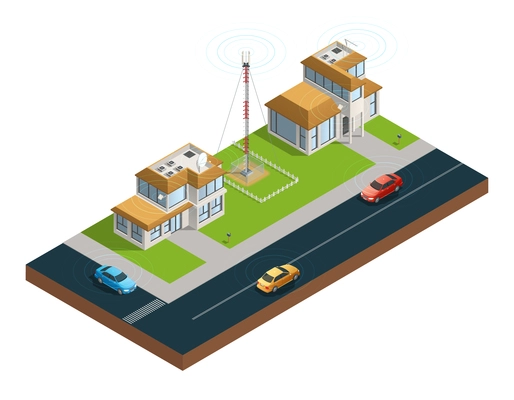 Isometric composition of town street with devices in houses tower and cars connected by wireless network vector illustration