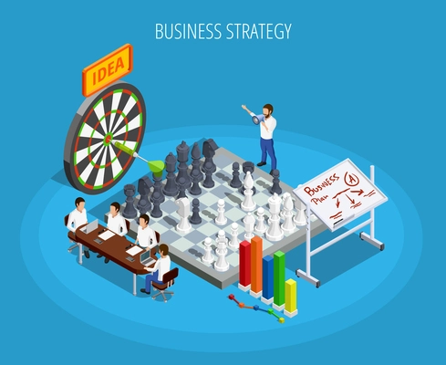 Business planning isometric template with targets setting and choice of right strategy isolated vector illustration