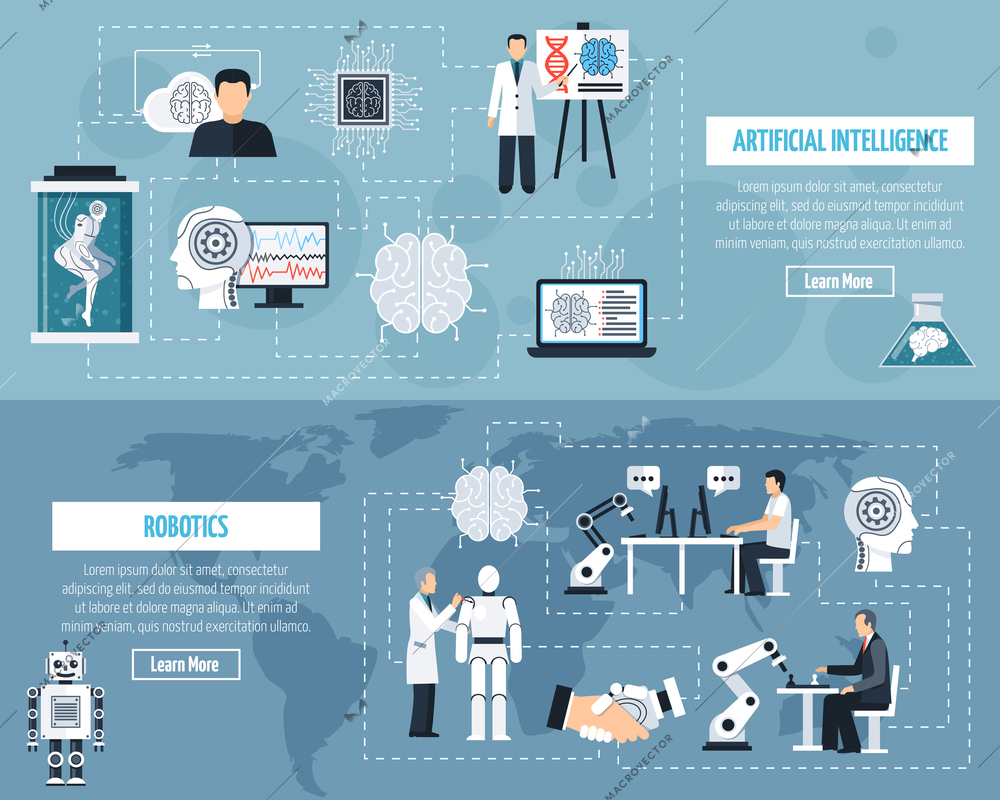 Artificial intelligence horizontal banners set with robotics symbols flat isolated vector illustration