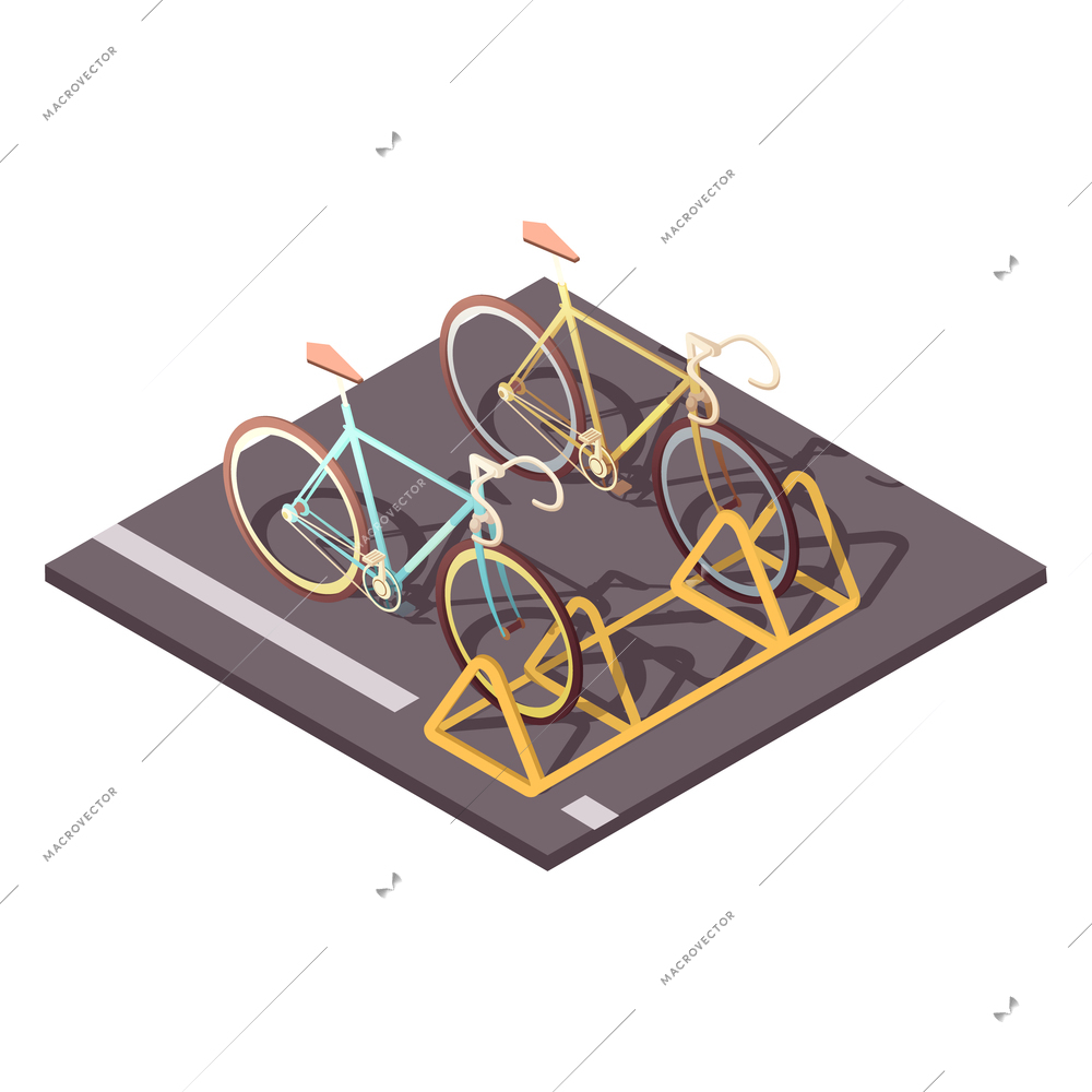 Bicycle parking concept with city bike ride symbols isometric vector illustration