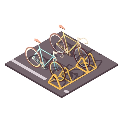 Bicycle parking concept with city bike ride symbols isometric vector illustration