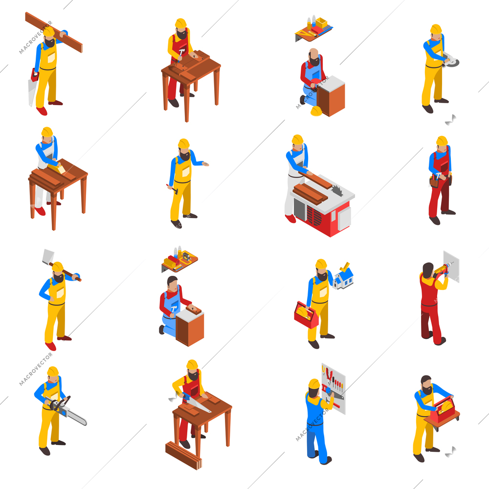 Woodwork people isometric icons set with tools and uniform isolated vector illustration