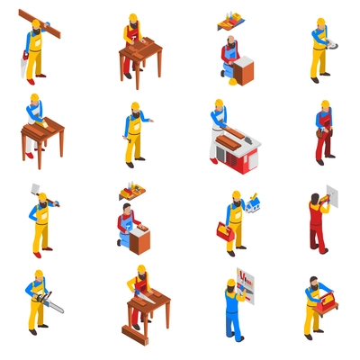 Woodwork people isometric icons set with tools and uniform isolated vector illustration