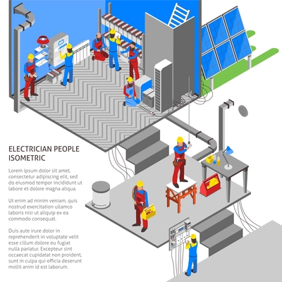 Electrician isometric composition with technology and power symbols isometric vector illustration