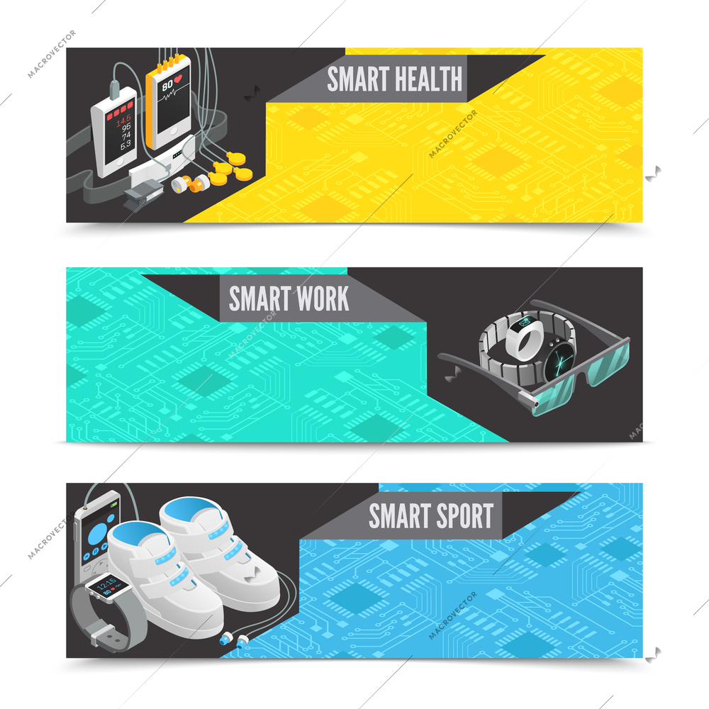 Wearable technology horizontal banners with smart isometric gadgets vector illustration