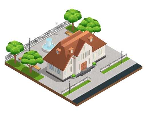 Isometric composition with suburban house and big clean yard with fountain trees and benches on white background vector illustration