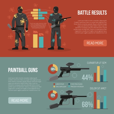 Two horizontal banners set with paintball battle results and guns statistics flat isolated vector illustration